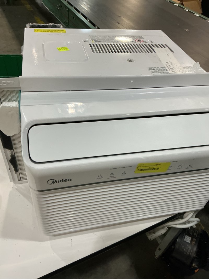 Condition photo showing As Is for midea 8,000 btu smart inverter air conditioner window unit with heat and dehumidifier – cools up to 350 sq. ft., energy star rated, quiet operation, electronic controls, remote control, white