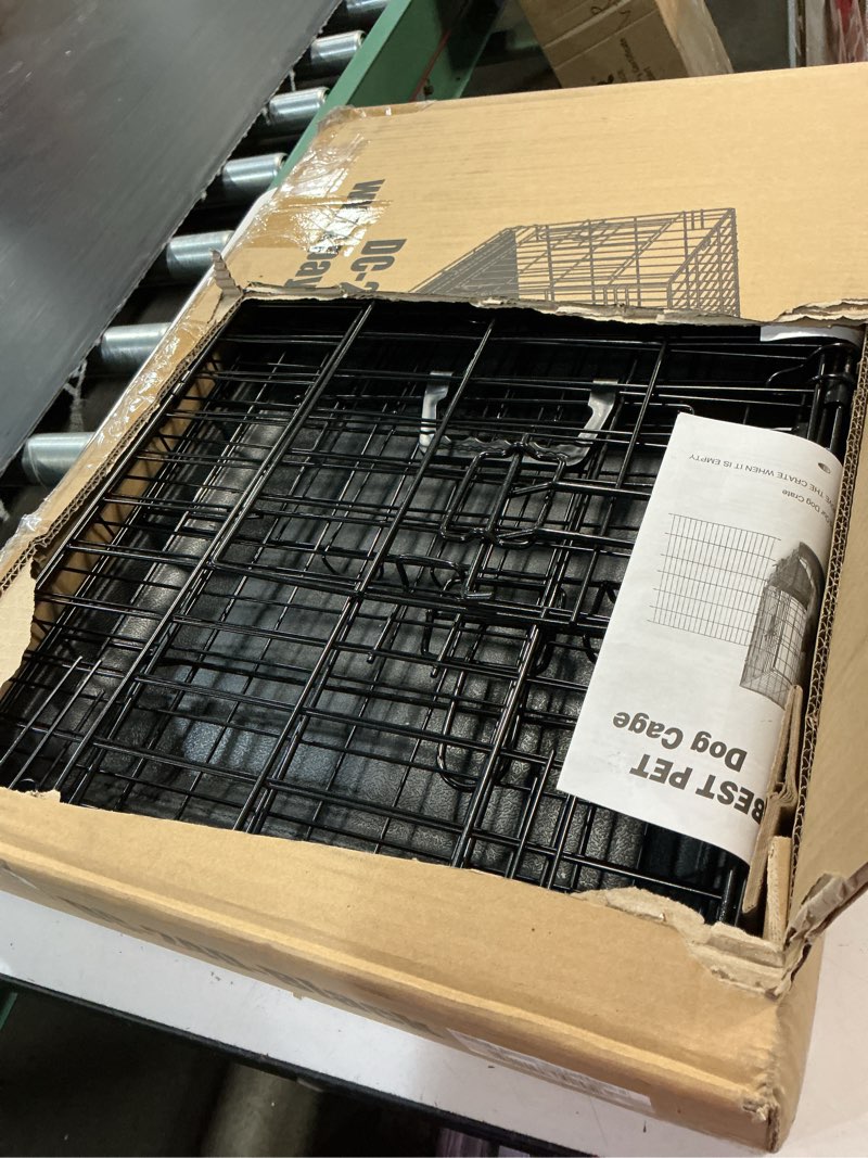 Condition photo showing New/Like New for fdw 24-inch dog crate for small dogs, double door folding metal wire pet kennel with divider panel & leak-proof plastic tray, black black 24 inch double door