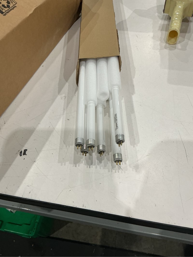 Condition photo showing As Is for 22 inch f14t5/cw fluorescent light bulb, 4100k cool white, t5 14 watt fluorescent replacement bulb for counter and cabinet fixture, g5 base, 6 pack