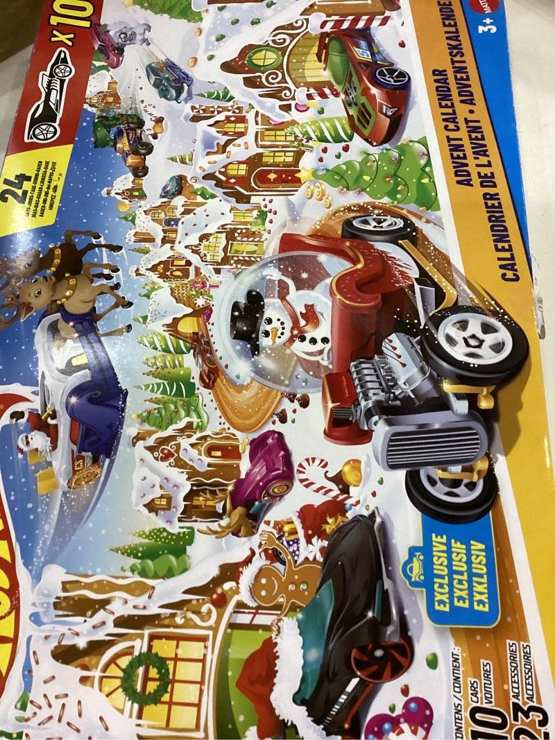 Hot Wheels Toy Cars & Playset, 2025 Advent Calendar with 10 Vehicles in 1:64 Scale, 10 Ornament Clip