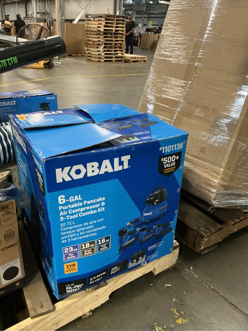 Condition photo showing As Is for kobalt 6-gallon portable electric 150 psi pancake air compressor with accessories included