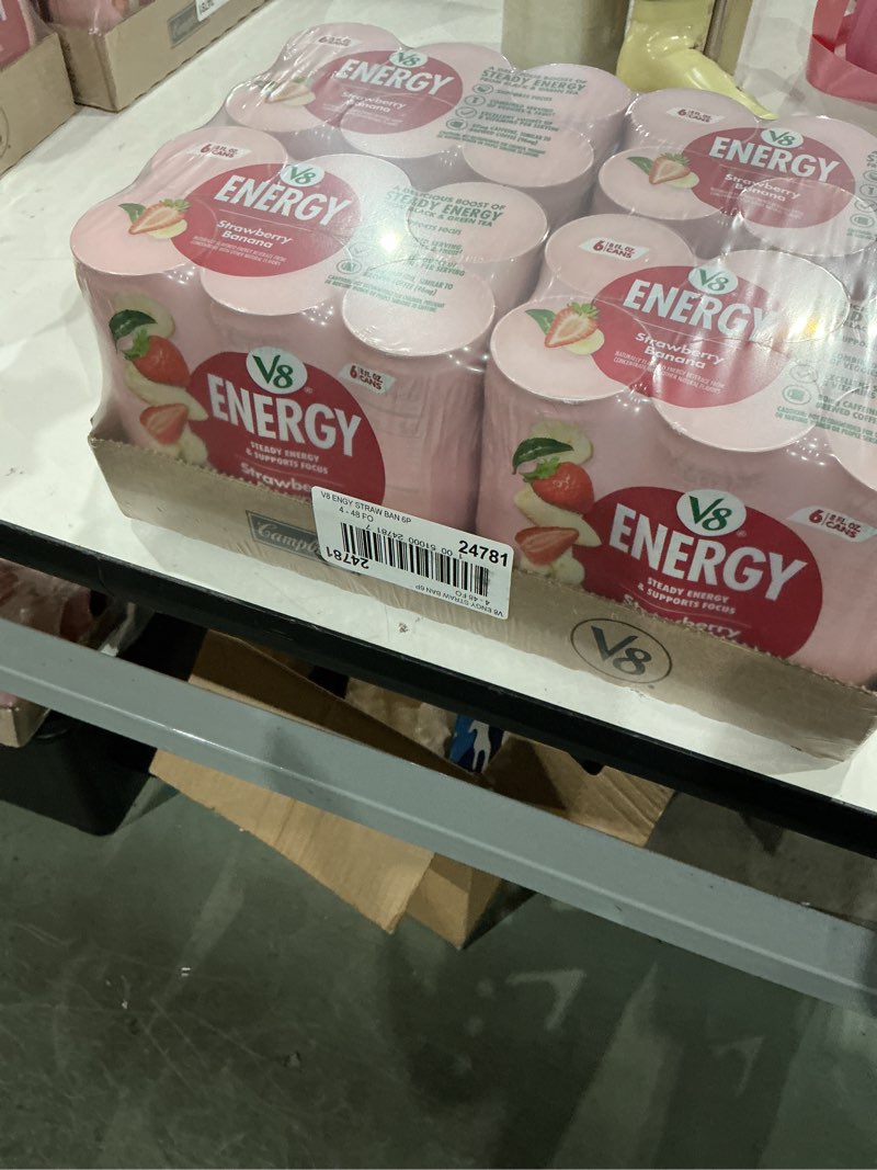 Condition photo showing New/Like New for 4 pack) v8 energy strawberry banana juice energy drink, 8 fl oz can (24 pack