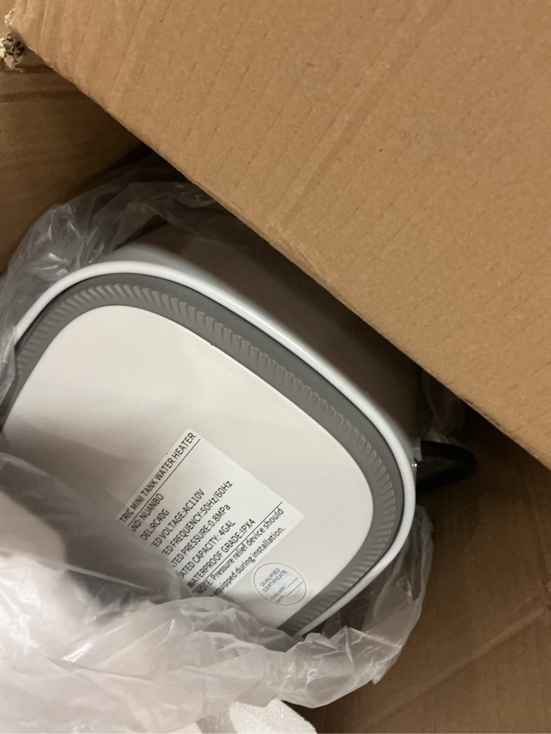 Condition photo showing As Is for Electric Water Heater 4 Gallon Mini Tank Hot Water Under Sink Instant for Kitchen Bathroom 110V 1500W, Wall or Floor Mounted, Easy to Install White 4G