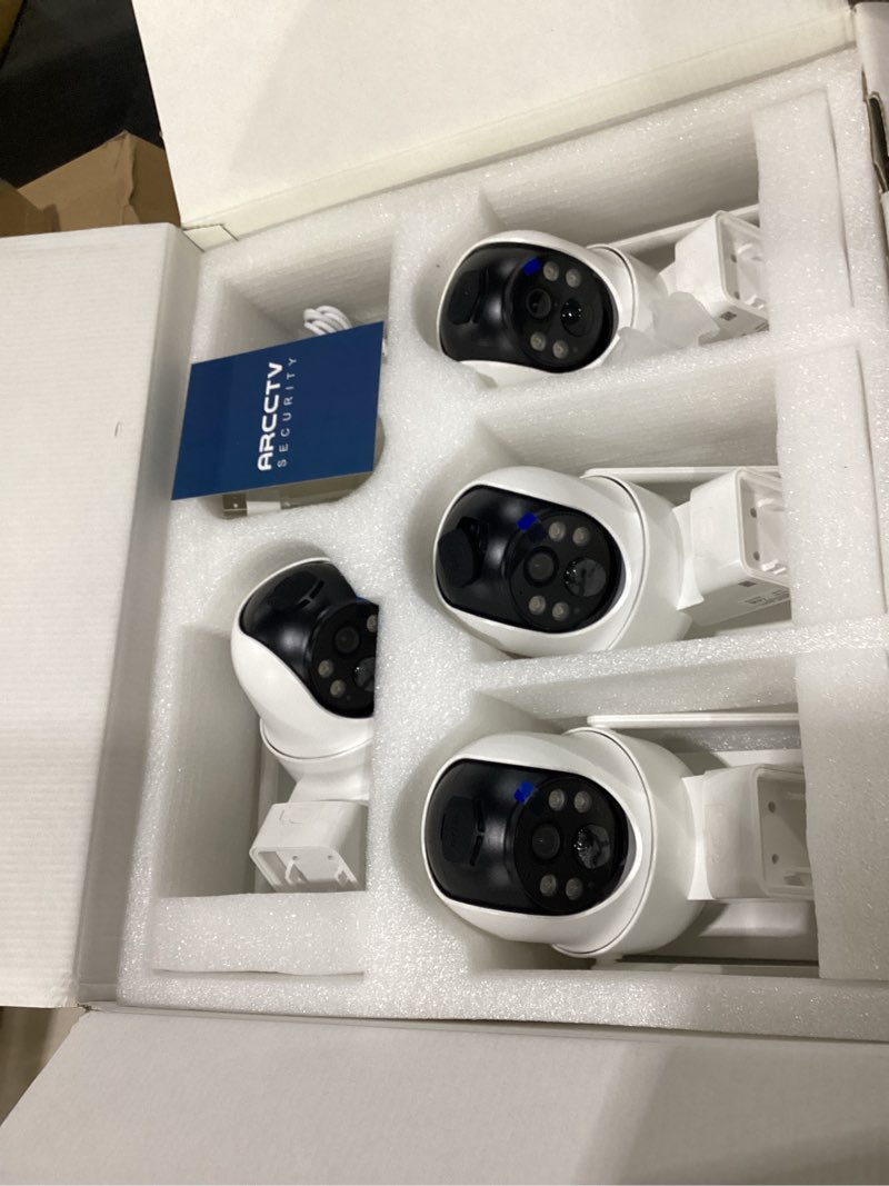 Condition photo showing As Is for *missing hub**security cameras wireless outdoor, no monthly fee solar camera outdoor wireless, 4-camera 2k home security camera system with  local storage, pir motion detection, color night vision q4-4 cam