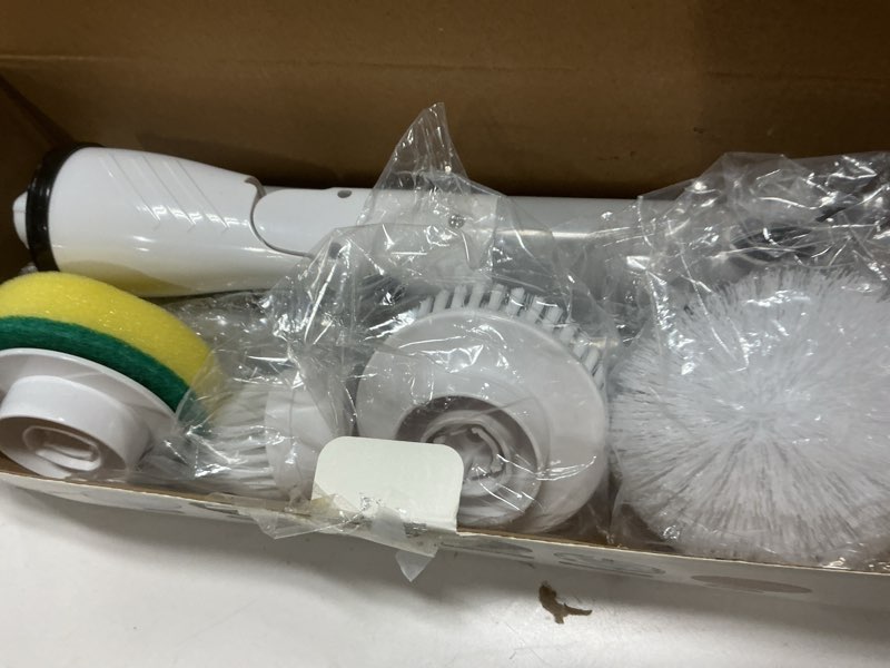 Condition photo showing Good Condition for electric spin scrubber, cordless power brush floor scrubber with adjustable extension arm and 4 replaceable bathroom cleaning brush heads, ideal for tub, tile, and floor cleaning