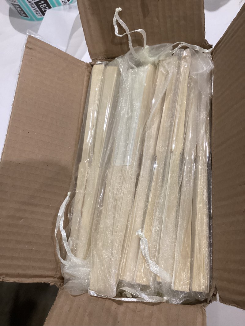 Condition photo showing Good Condition for 50pcs paper hand fan with organza bags bamboo handheld folding fans diy decorative wedding party favors (cream)