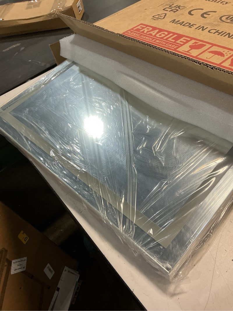 Condition photo showing Good Condition for large lighted vanity mirror, 23" x 19" light up make up mirror with smart touch 3 colors dimmable, tabletop or wall-mounted, memory function white 19"l x 23"w