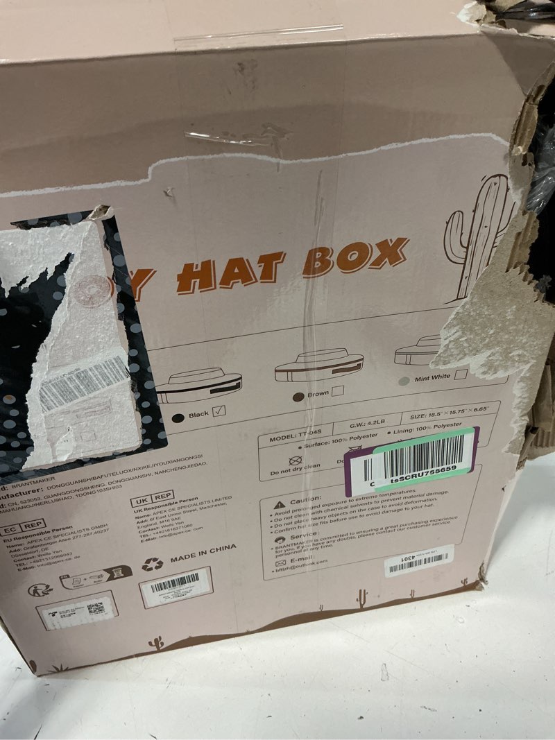 Condition photo showing Good Condition for cowboy hat box, cowboy hat case for travel, crush proof storage for western/panama/fedora, carrier with adjustable shoulder strap & brush black
