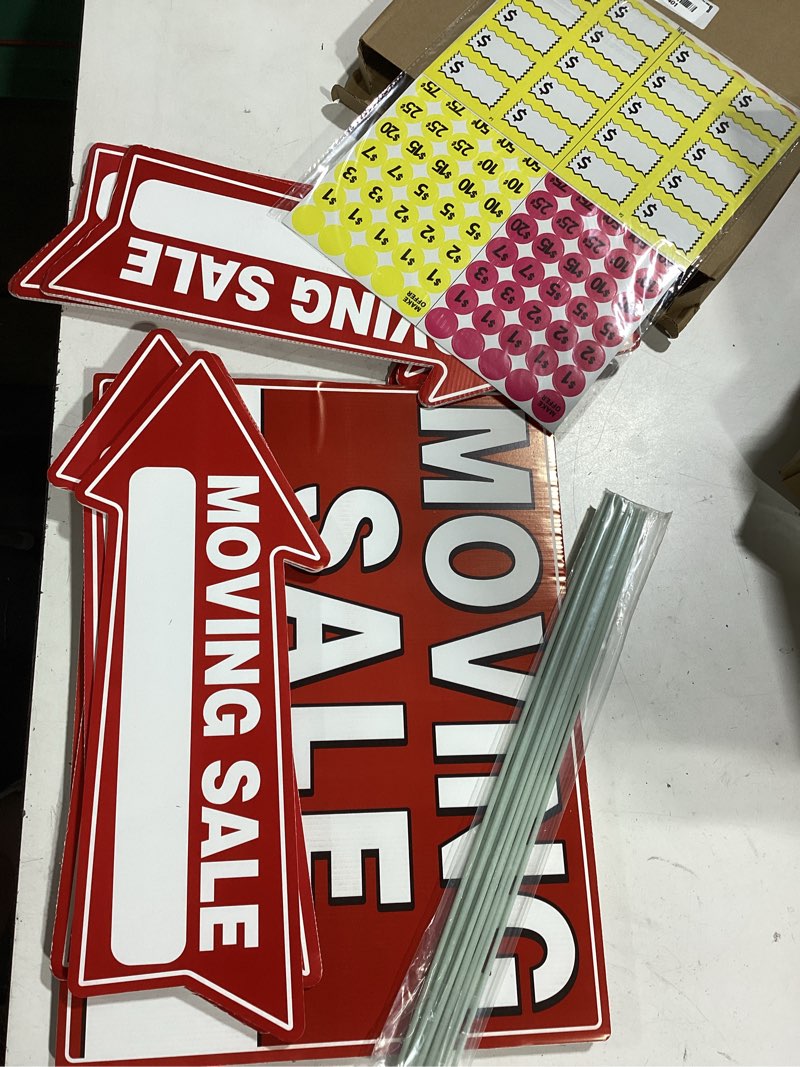 Condition photo showing Good Condition for moving sale signs kit (9 pack) - double sided directional arrows & 420 price stickers - large 17x13" weatherproof corrugated plastic boards for estate, garage & yard liquidation - red/black
