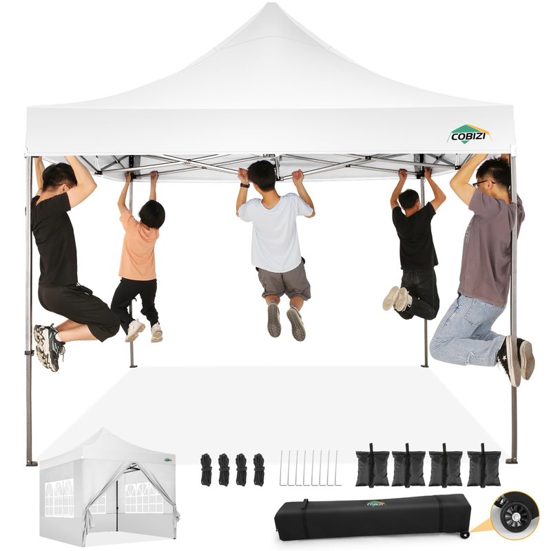 COBIZI 10x10 Pop Up Canopy with 4 Sidewall,Heavy Duty Canopy UPF 50+ All Season Wind Waterproof Comm