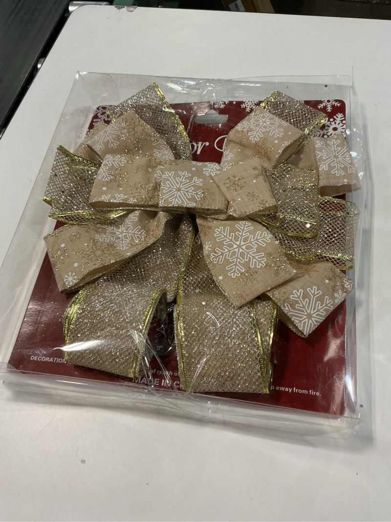 Condition photo showing Good Condition for Christmas Tree Topper Bow, 44X12 Inch Artificial Xmas Tree Flower Topper Decor, for Family, Wedding, Birthday Party, Indoor Outdoor Thanksgiving Christmas Decoration - Gold/Snowflake.