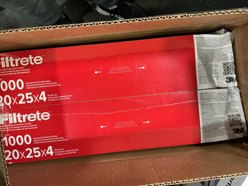 Condition photo showing New/Like New for Filtrete 20x25x4 AC Furnace Air Filter, MPR 1000, MERV 11, Fits Honeywell & AprilAire Space-Gard, Allergen Defense, Electrostatic Air Cleaning Filter, 2-Pack (actual size 19.88 x 24.63 x 4.31)
