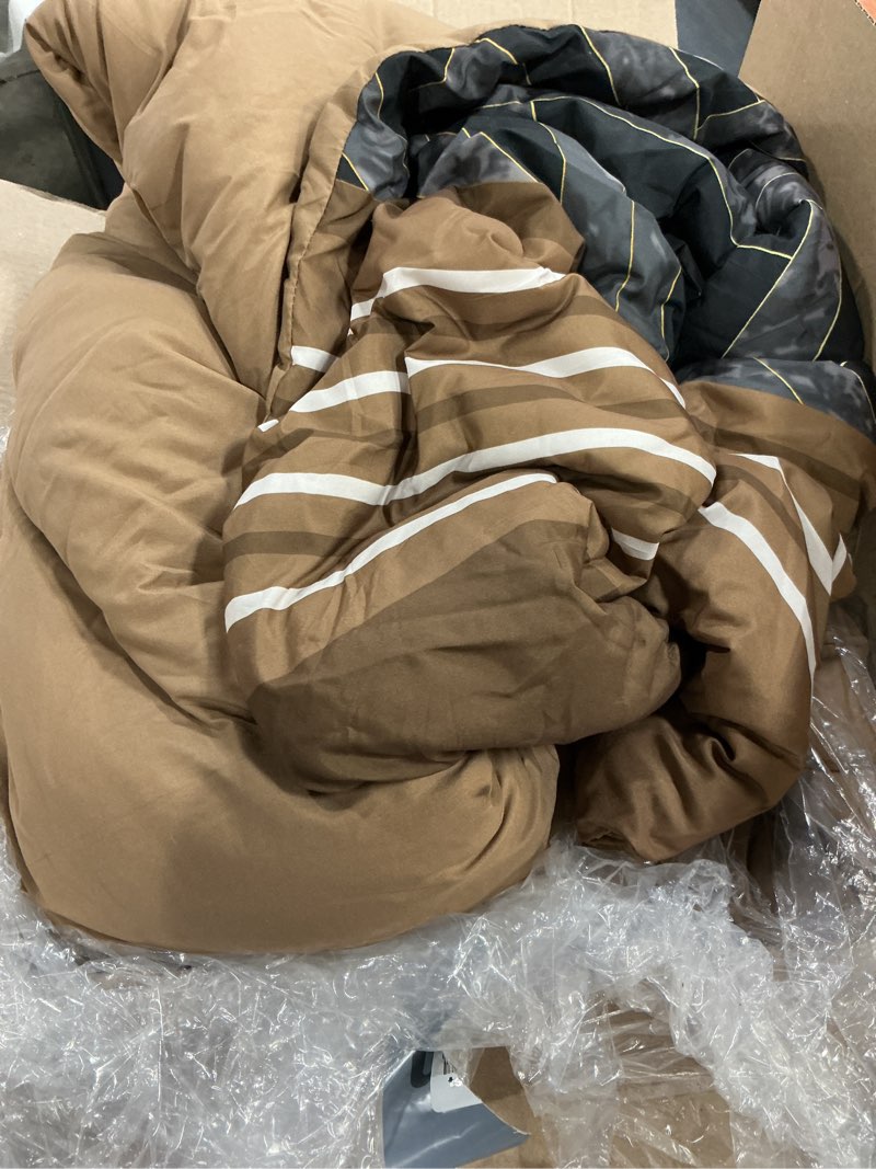 Condition photo showing As Is for luxudecor brown comforter set king size, 7 pieces stripe geometric bed in a bag, soft microfiber brown comforter and sheet set complete bedding sets for all seasons 104"×90" king brown