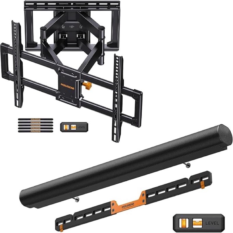 perlegear ul listed full motion tv wall mount for 42-85 inch tvs up to 132 lbs pglf8, soundbar wall mount compatible with sonos arc and sonos arc ultra pgsm07b