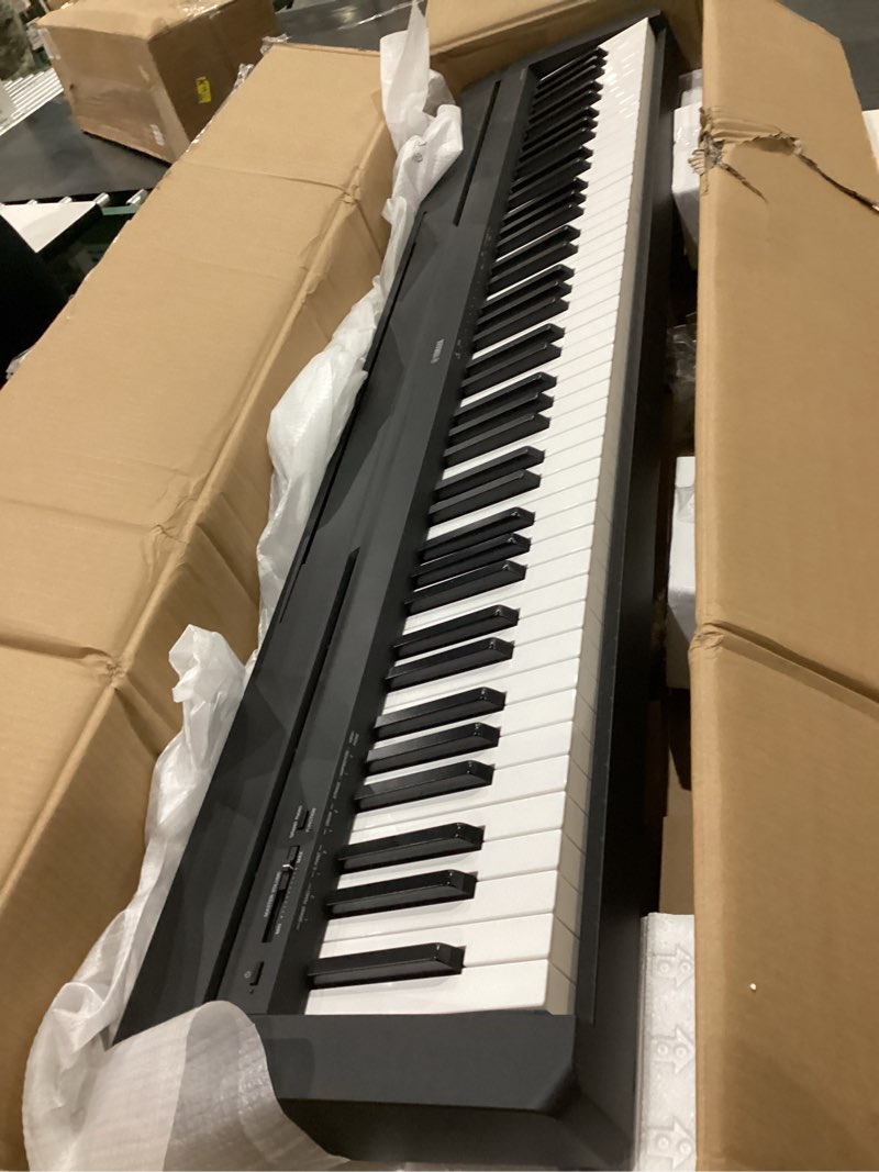 Condition photo showing As Is for yamaha 88-key weighted portable digital piano keyboard with music rest, sustain foot switch, built-in speakers, usb connectivity, black (p45b) p45 black