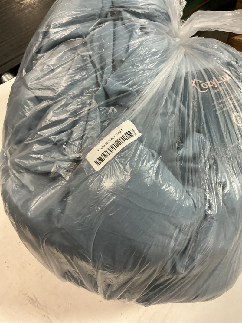 Condition photo showing As Is for cozylux grayish blue king size comforter set, 3 pieces dusty blue solid breathable quilted bedding sets, luxury soft bed set with down alternative comforter all season (1 comforter & 2 pillowcases)