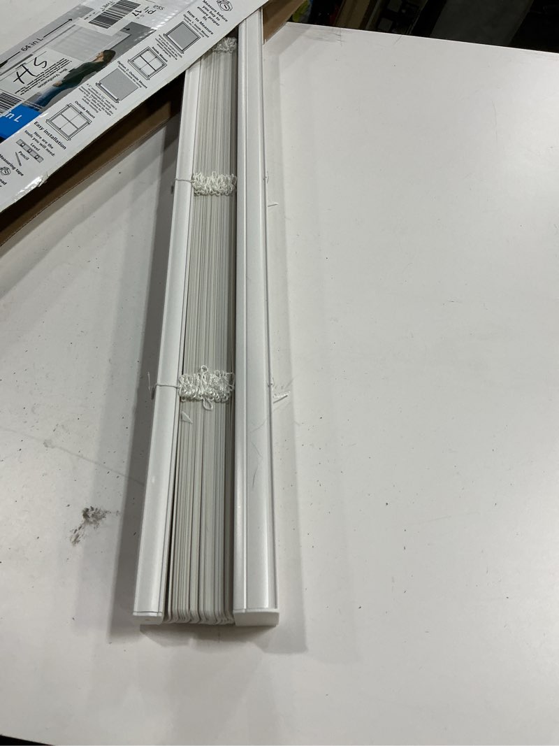 Condition photo showing As Is for mainstays 1 inch cordless vinyl light filtering mini blinds, white, 35 x 64 inches
