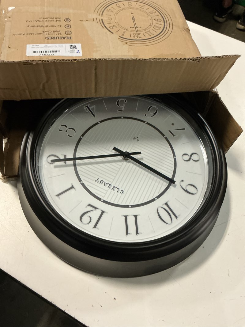 Condition photo showing As Is for 14 inch led illuminated indoor outdoor atomic analog wall clock battery operated, glow in the dark wall clock for living room, home office, bathroom,kitchen,oil rubbed bronze black finish