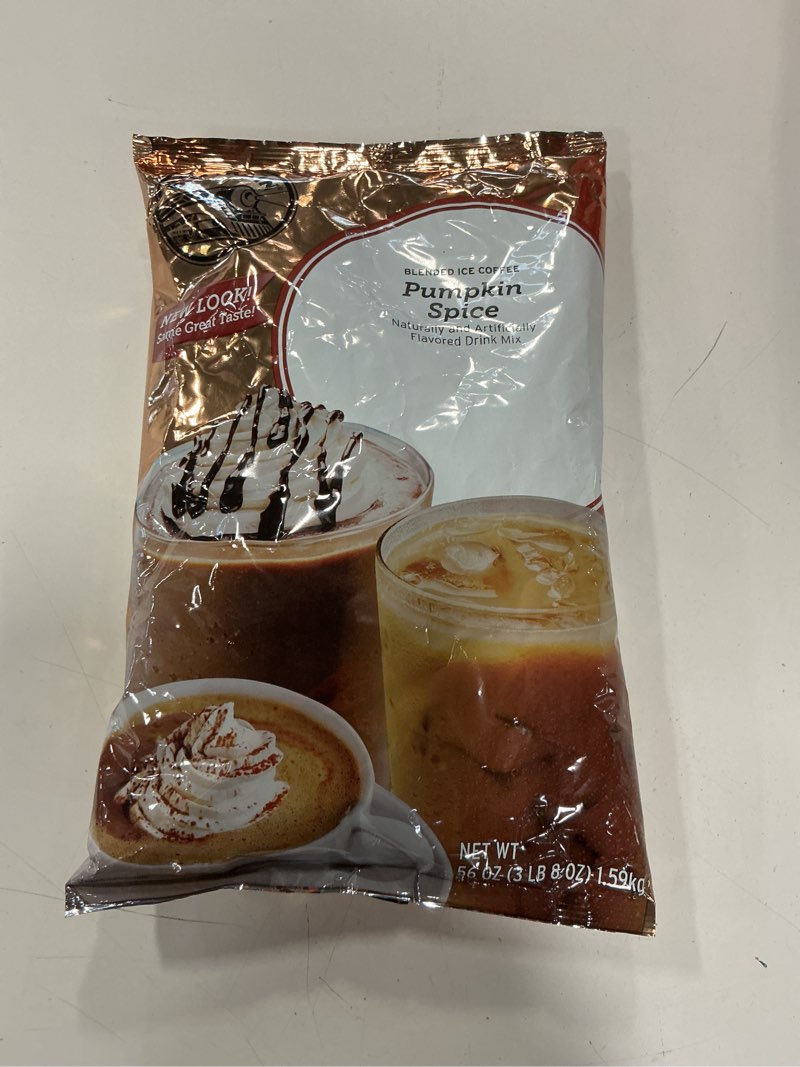 Condition photo showing New/Like New for Big Train Pumpkin Spice Blended Ice Coffee Beverage Mix, 3.5 Pound (Pack of 1) Blended Iced Coffee Pumpkin Spice 56 Ounce (Pack of 1)( Enjoy By : 19/Jun 2026)
