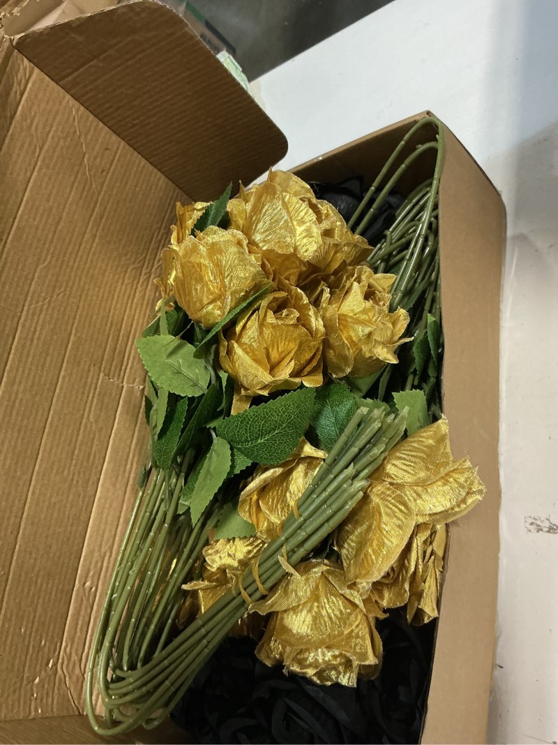 Condition photo showing Good Condition for 72 pcs artificial roses gold, black fake silk roses realistic roses faux flower indoor wedding home decor, birthday decorations gold,black