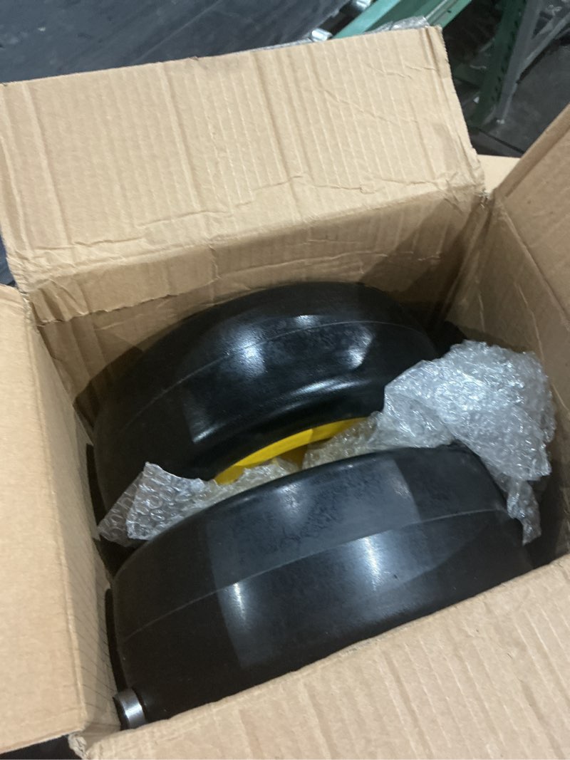 Condition photo showing As Is for 13x5.00-6 flat free tire and wheel zero turn mower front tires with 3/4", 5/8" and 1/2" bearings, 4.2"-7.3" centered hub, compatible with lawn mower garden tractor by cubesprings - 2pack 13x5.00-6 yellow-2pack