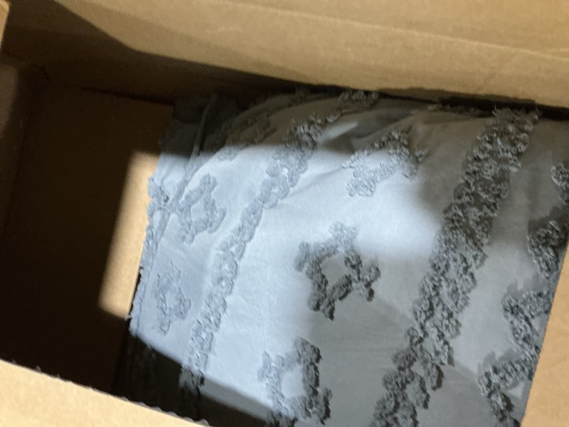 Condition photo showing As Is for Bedsure Tufted Boho Comforter Set King Size - Grey Boho Bed Set, GentleSoft™ 3 Pieces Farmhouse Shabby Chic Embroidery Bedding, Gifts for Woman, Soft Jacquard King Comforter for All Seasons King 17 - Grey - Elegant