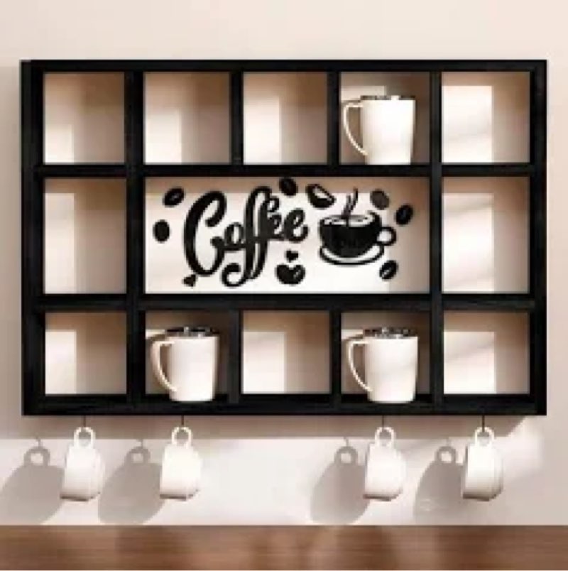 oversize coffee mug display shelf for wall wood coffee mug rack wall mounted shelf cubes cup hooks hanger with bar sign decor for kitchen station bar accessories(black)