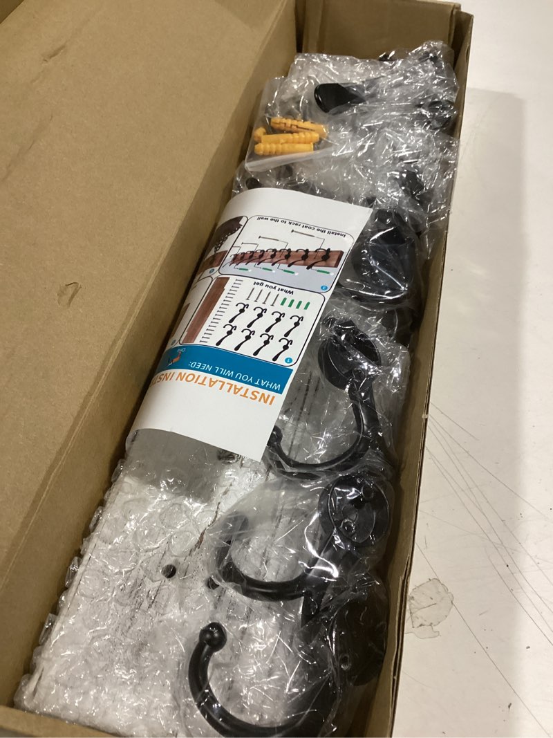 Condition photo showing Good Condition for IBosins Wall Mounted Coat Rack, 31.4'' Long, Rustic Wood & Aluminum Coat Rack with 8 Black Tri-Hooks for Coat, Bag, Towel, Key, Hat, Umbrella White Plate & Black Tri-Hook 1 Item-8 Hooks