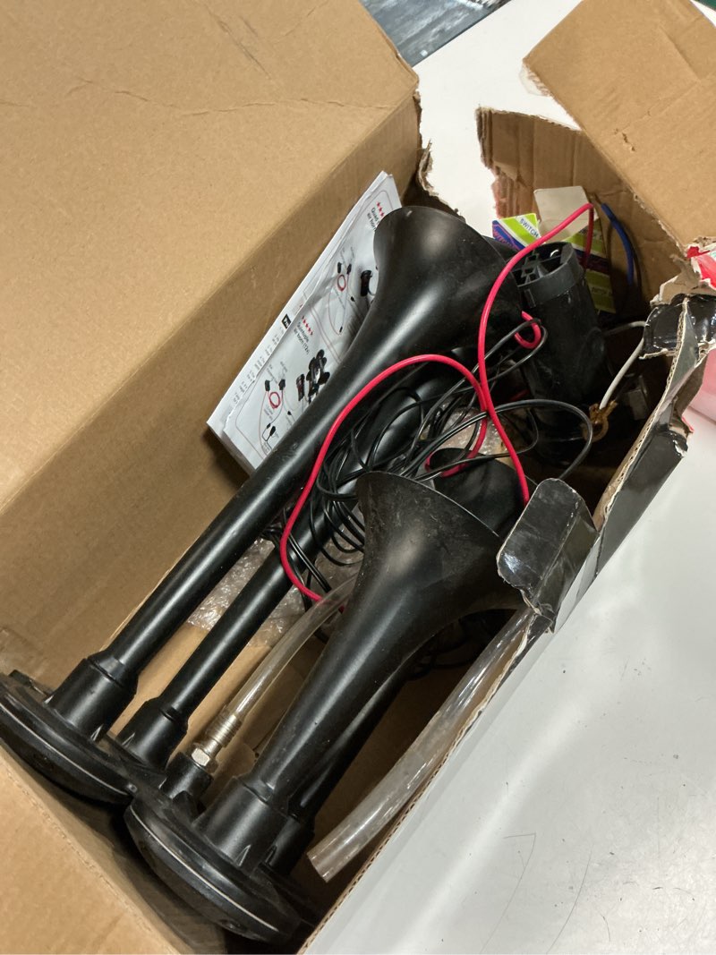 Condition photo showing As Is for train horn for truck kit-4 trumpet metal air horns replacement drill horn 12v 150db ultra loud with compressor for pickup/motorhome/suv/truck/train (black 4trumpet with button)