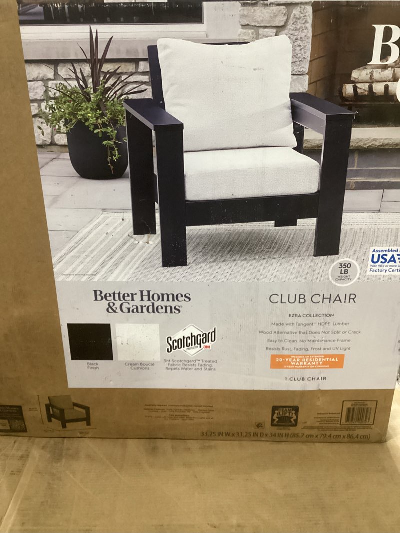 better homes & gardens ezra outdoor hdpe club chair,black with cream boucle cushions