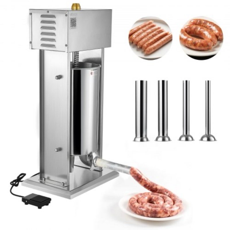 vevor electric sausage stuffer, 33 lbs / 15 l vertical meat stuffer, stepless speed control and foot pedal, stainless steel heavy duty sausage filler with 4 stuffing tubes