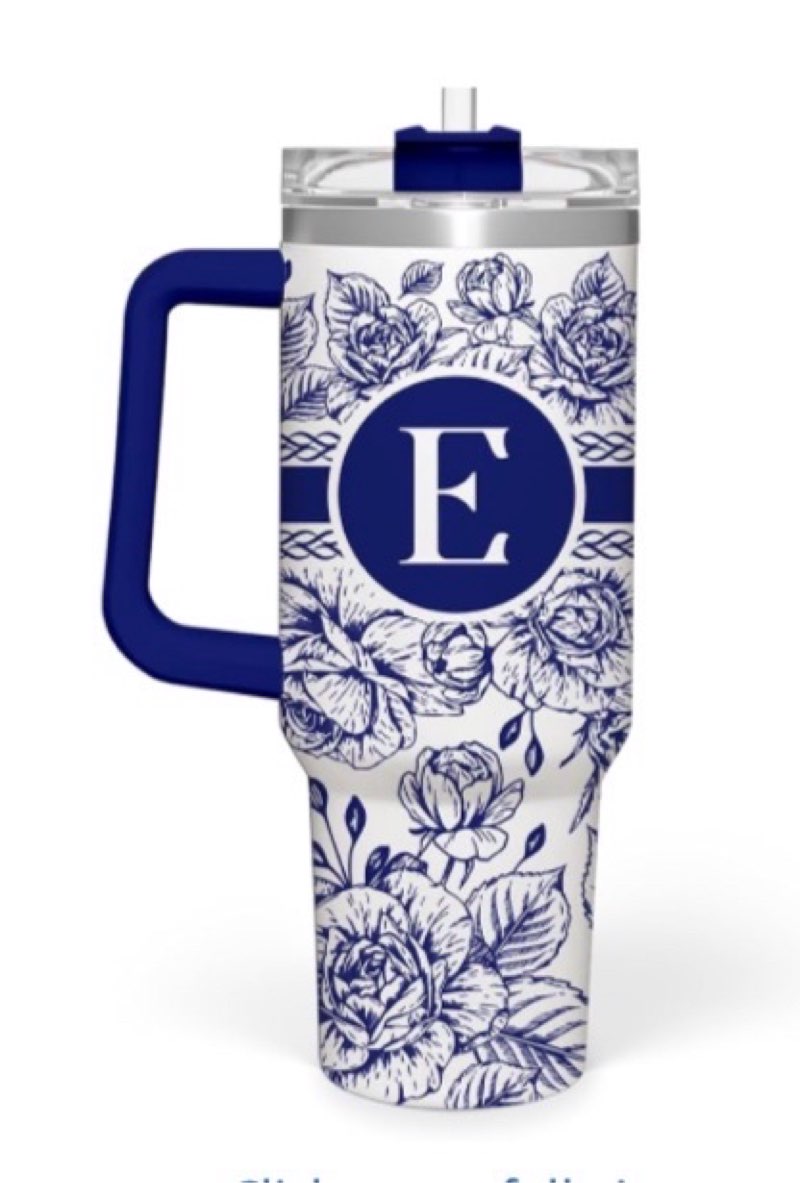 Personalized Tumbler with Handle 40oz, Monogrammed Tumbler with Letter E , Initial Gifts for Women Girls, Insulated Coffee Cup with Straw, Custom Gift for Birthday Christmas Mothers Day