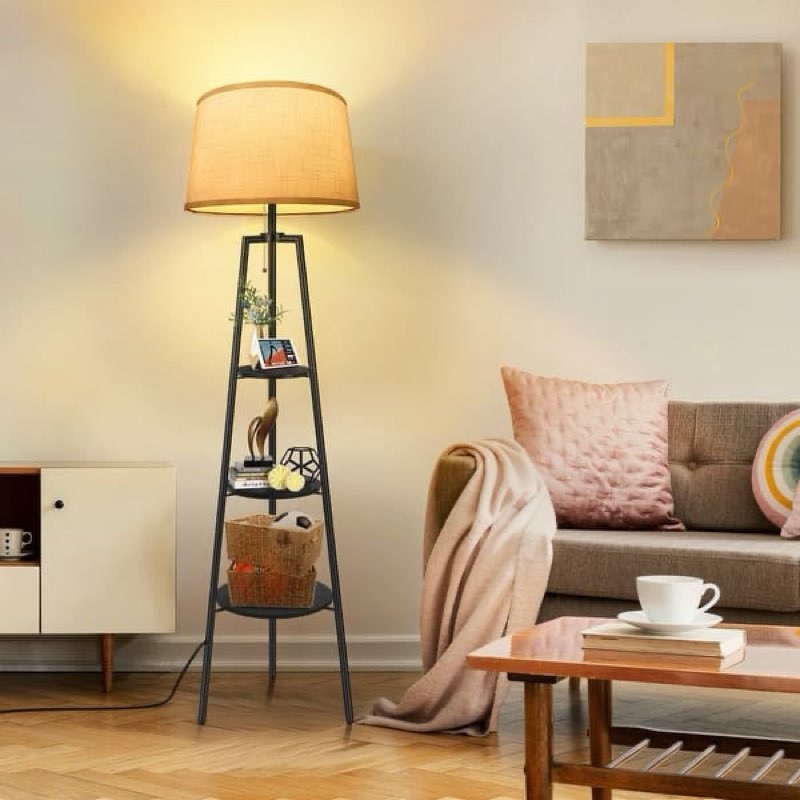60.7 in. Black Tripod Floor Lamp with Natural Linen Texture Shade and Wood Open Storage Shelf