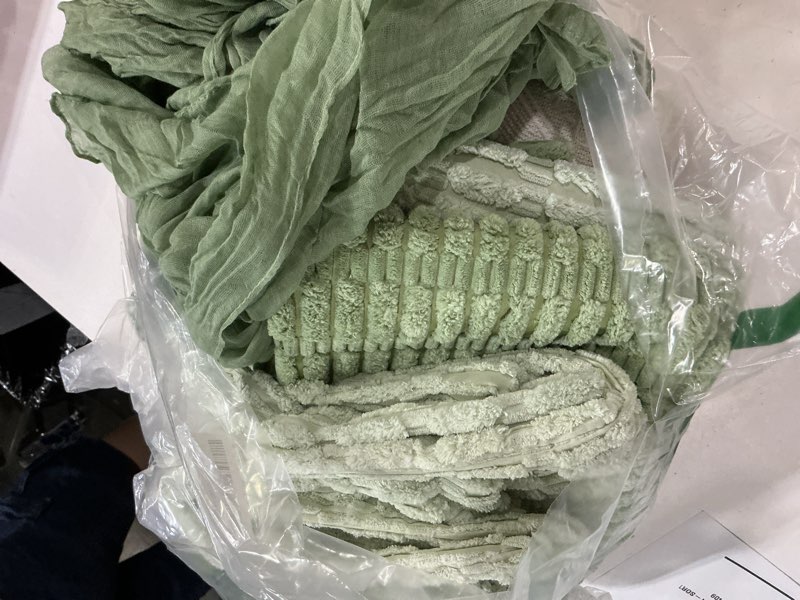 Condition photo showing Good Condition for beeveer 91 x 71 extra large outdoor boho picnic blanket with sage green table runner, 6 throw pillow covers 6 napkins woven cotton yarn oversize beach blanket washable picnic camp wedding 14 sage green
