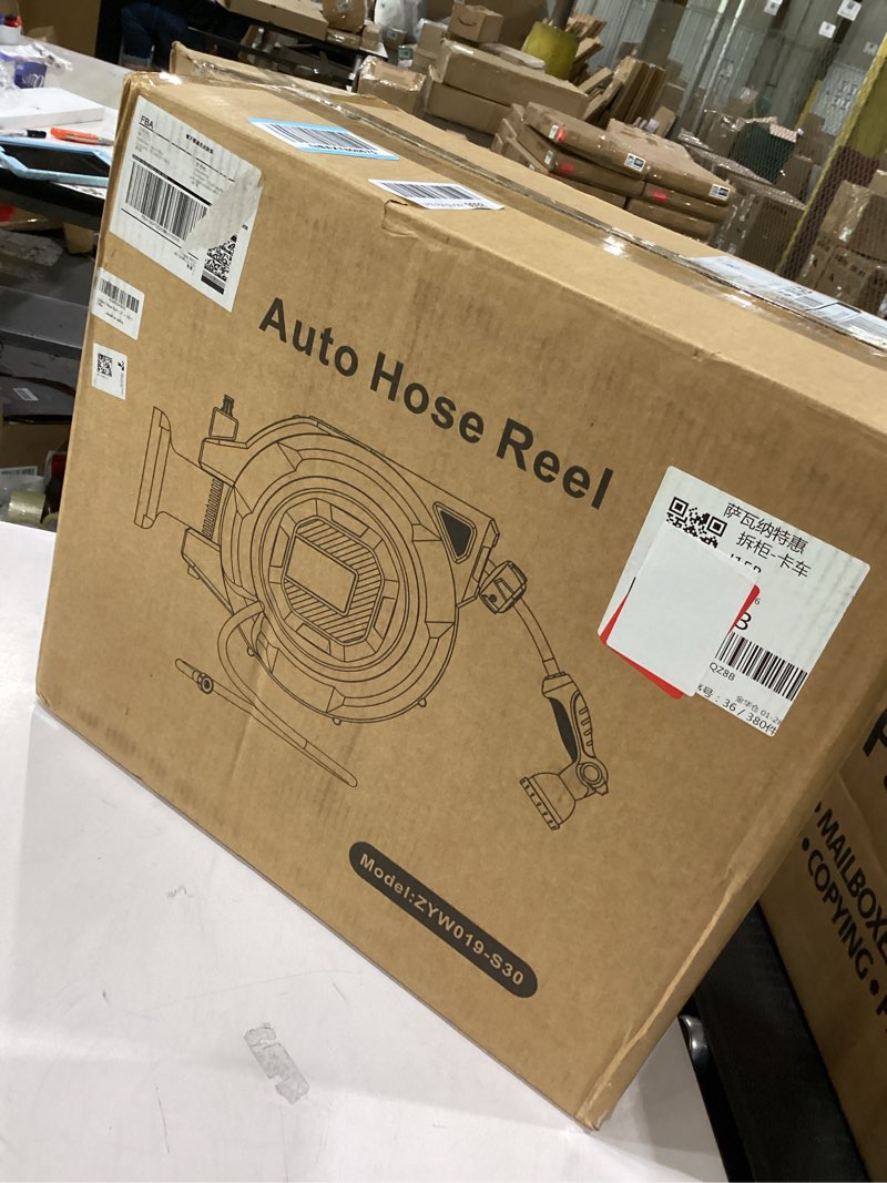 Condition photo showing Good Condition for retractable garden hose reel, 1/2 in x 100 ft heavy duty wall-mounted hose reel with 180° swivel bracket, 10-pattern nozzle, automatic slow rewind system, any length lock for outside watering,cleaning 1/2" 100ft