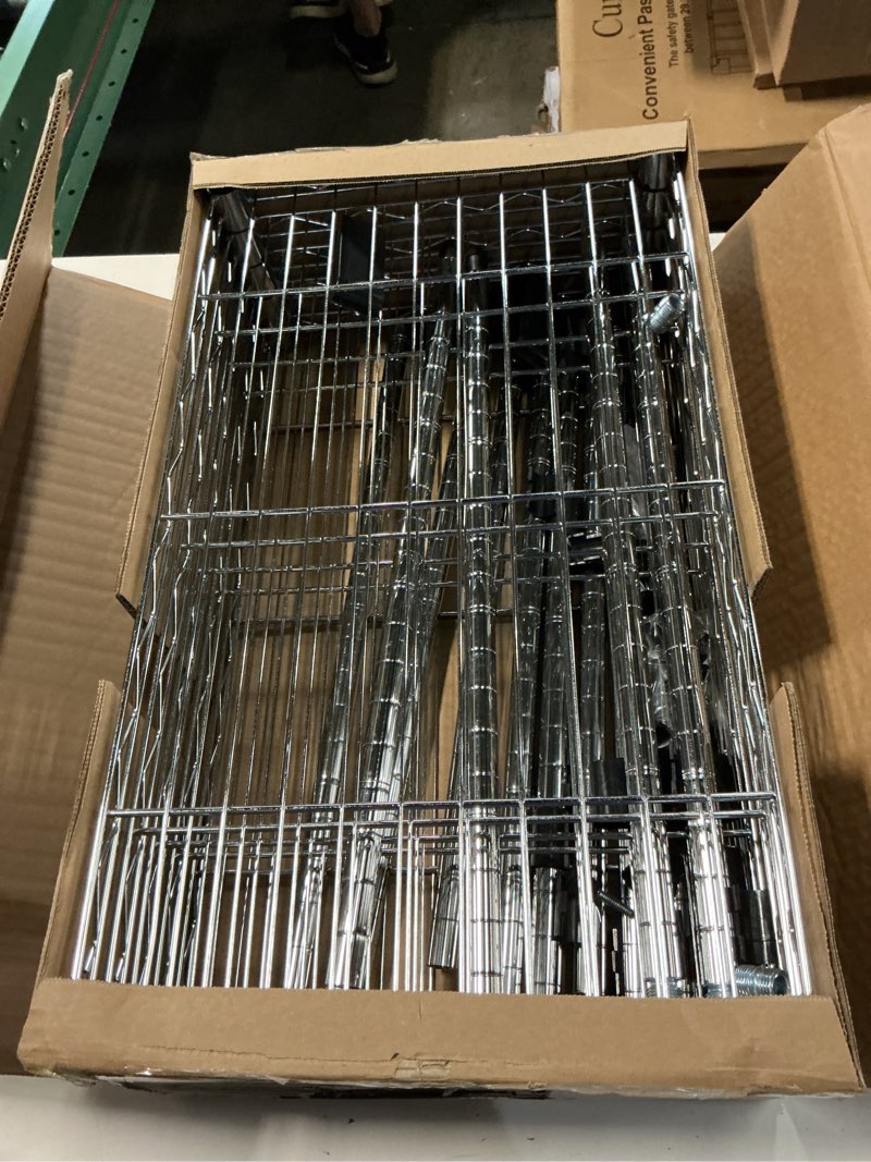 Condition photo showing As Is for 1250 lbs steel heavy duty 5-tier utility shelving unit steel organizer wire rack for home,kitchen,office,chrome (13.7" d x 23.6" w x 62.4" h) 5 tier 13.7" d x 23.6" w x 62.4" h chrome