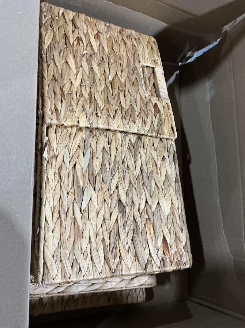 Condition photo showing Good Condition for Storage Baskets 4 Pcs Water Hyacinth Cube 11.2x11.2inch Storage Bins,Foldable Woven Baskets for Bathroom, Bedroom, Laundry, Pantry, Shelves