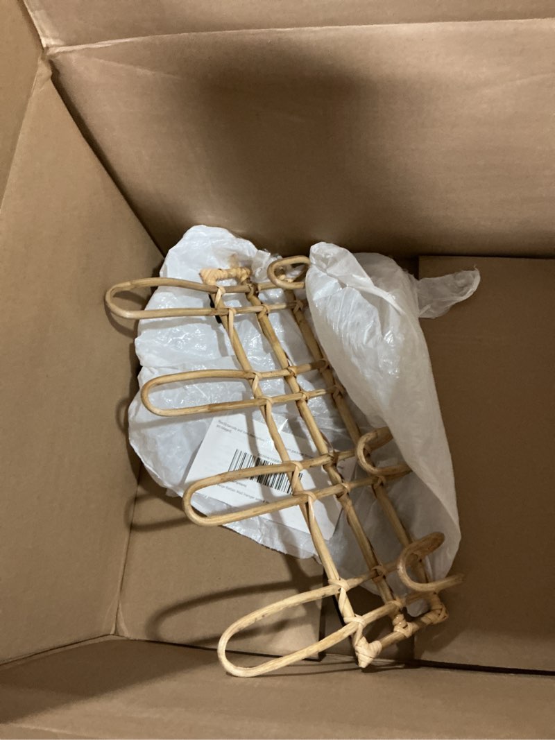 Condition photo showing As Is for beige rattan wall hanger with 4 hooks