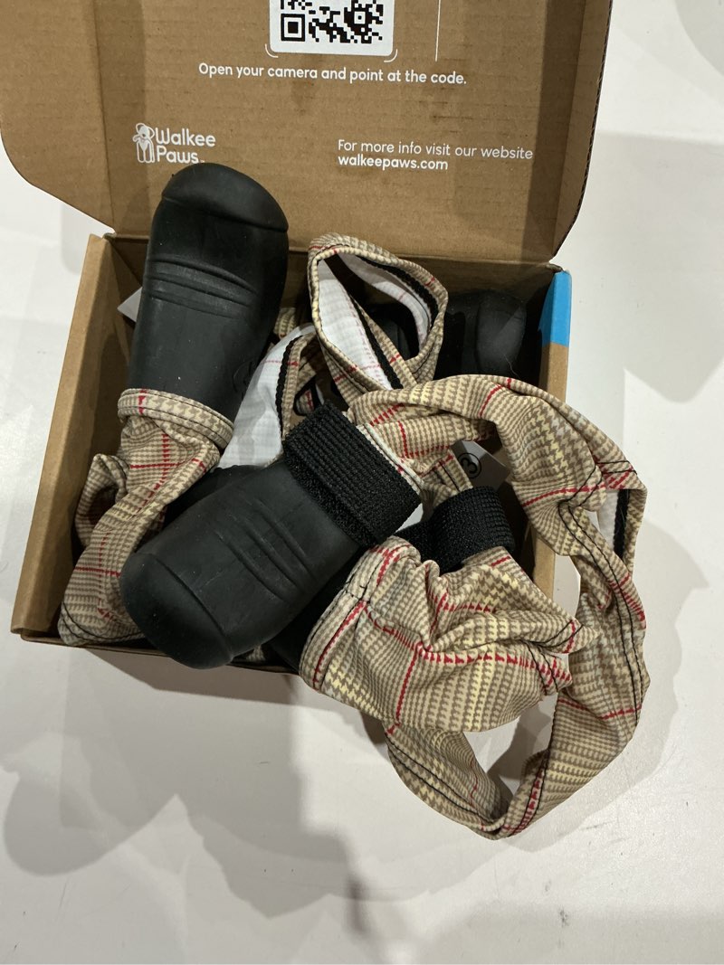 Condition photo showing As Is for updated version - 100% waterproof dog boots with leggings – stay-on paw protectors with chest strap for rain & snow, anti-slip traction, adjustable fit, machine washable (beige plaid, small) beige plaid s new