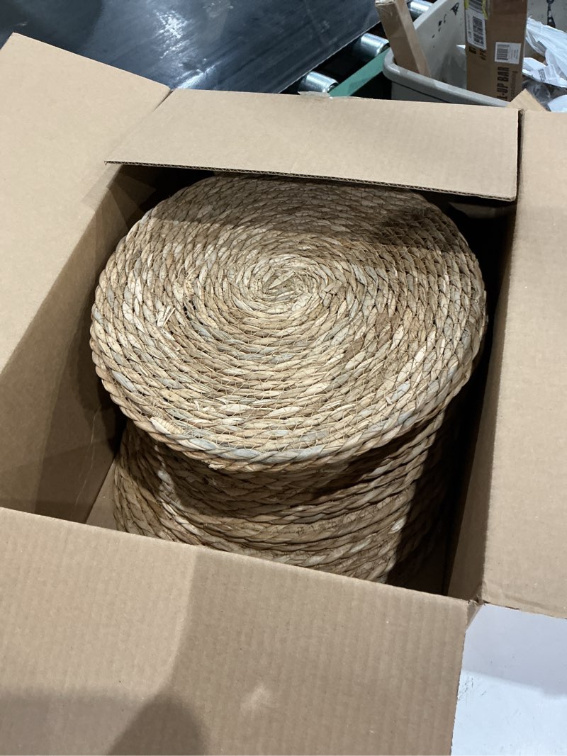 Condition photo showing Good Condition for 13 inch round woven placemats set of 24, boho farmhouse rustic rattan wicker braided chargers for dining table, water hyacinth jute place mats for dinner plates, outdoor patio & wedding decor