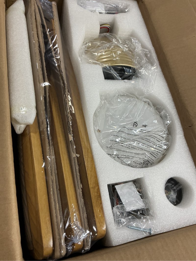 Condition photo showing Good Condition for 42 inch ceiling fans with lights and remote, 5 blades wood ceiling fan with light, dimmable, wall switch, reversible dc motor, modern indoor outdoor ceiling fans for patios bedroom (gold) natural wood downrod mount 42 inch