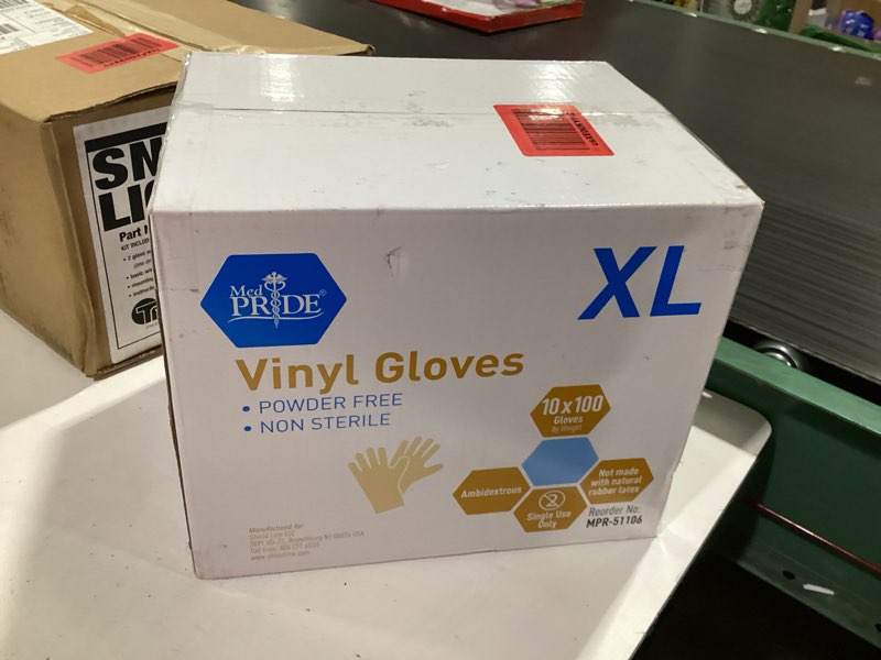 Condition photo showing Good Condition for med pride vinyl gloves| 4.3 mil thick, powder-free, non-sterile, heavy duty disposable gloves| medical, food hand xl