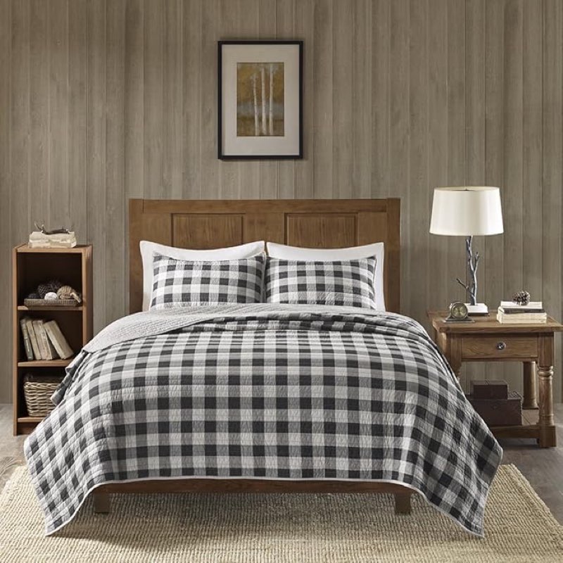 Woolrich Reversible Quilt Set - Cottage Styling Reversed to Solid Color, All Season Lightweight Coverlet, Cozy Bedding Layer, Matching Shams, Oversized King/Cal King, Buffalo Check Gray Buffalo Check Gray Oversized King