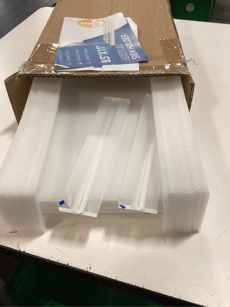 Condition photo showing As Is for dynta acrylic sign holder 8.5 x 11 (8 pack), clear vertical display stand with stable base, high transparency acrylic for signs, menus, flyers, office & business countertop use
