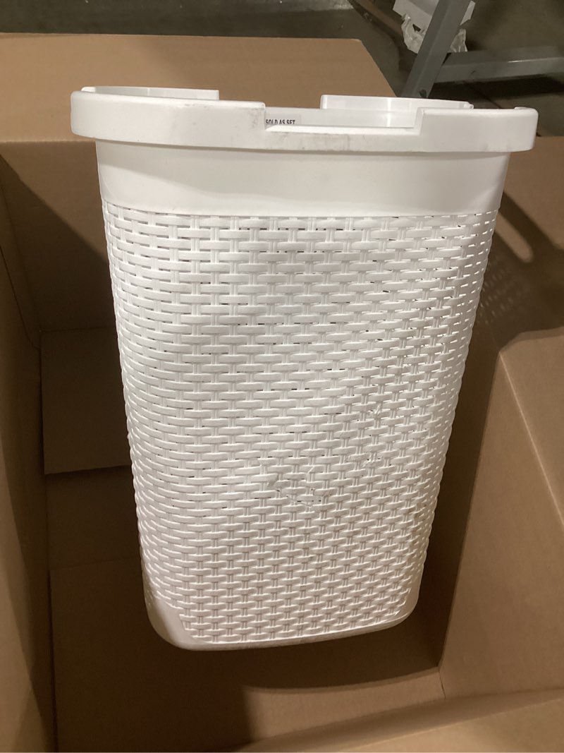 Condition photo showing As Is for Mind Reader Slim Laundry Hamper with Lid, 60L Clothes Basket, Premium Wicker Design, Plastic, White White Single incomplete set