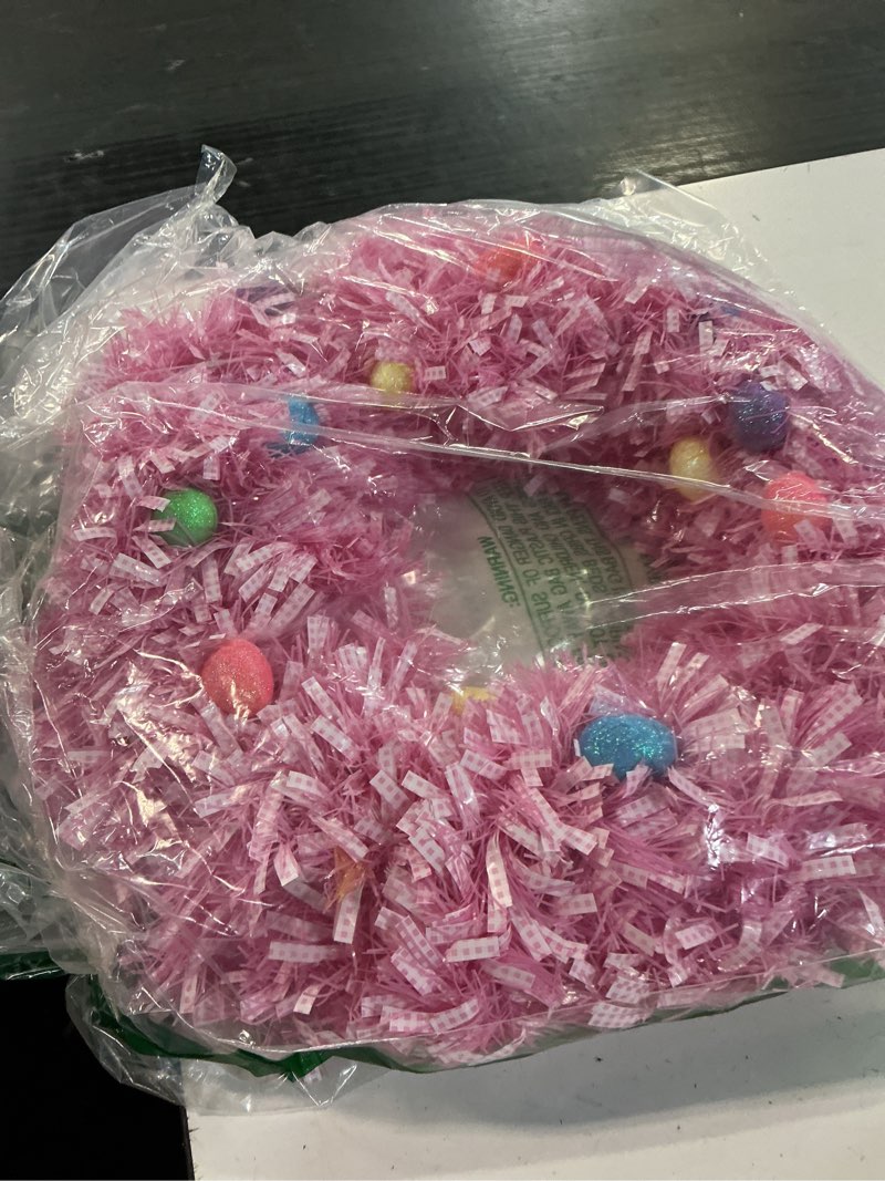 Condition photo showing Good Condition for he easter tinsel 18" wreath pink w/eggs