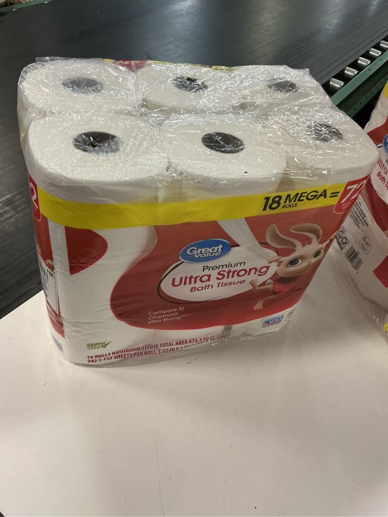 Condition photo showing Good Condition for great value ultra strong 2-ply toilet paper, 18 mega rolls, compare to charmin® ultra strong™