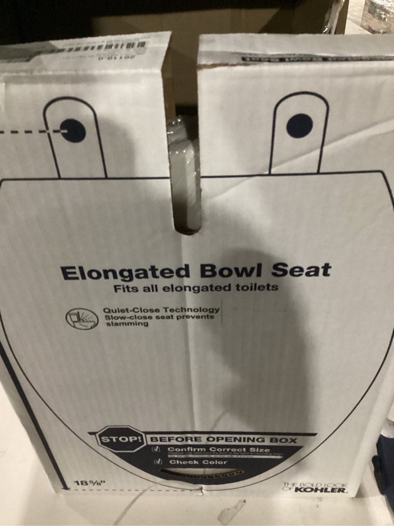 Condition photo showing New/Like New for Kohler K-20110-0 Brevia Elongated Toilet Seat with Grip-Tight Bumpers, Quiet-Close Seat, Quick-Attach Hardware, White