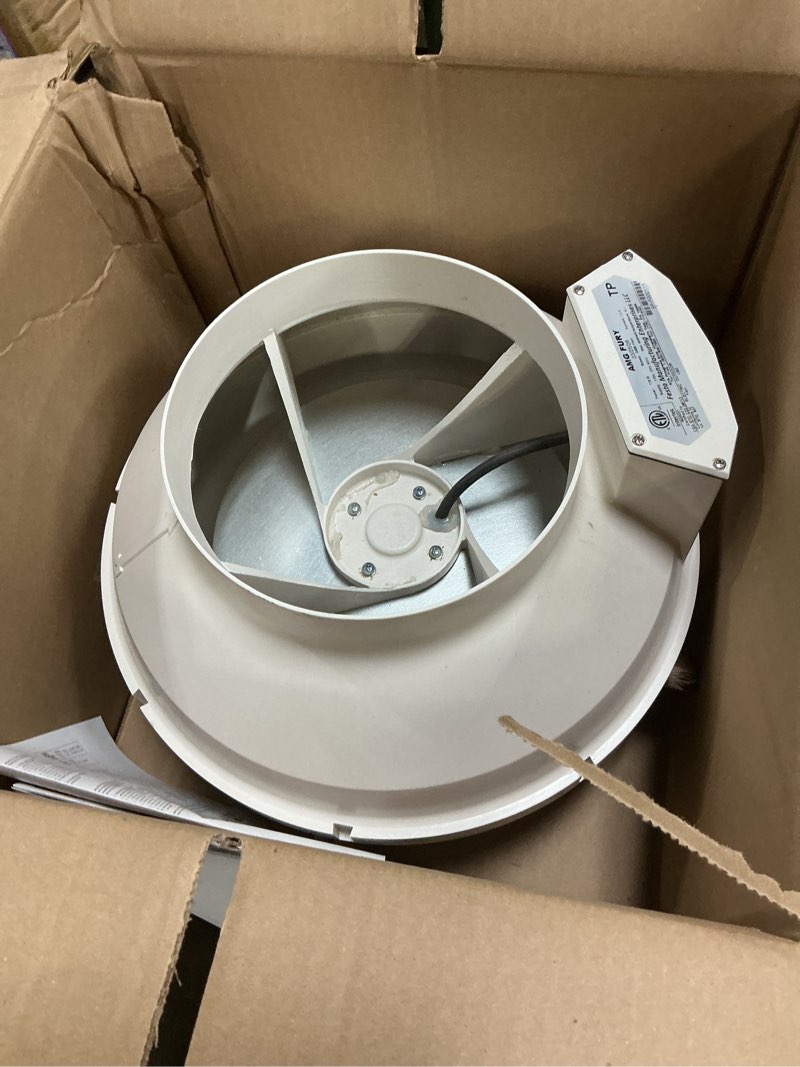 Condition photo showing As Is for festa amg fury radon fan - quiet and energy efficient 520 cfm radon mitigation system inline fan - 8" electric waterproof inline duct - made with sturdy glass reinforced poly-resin – white