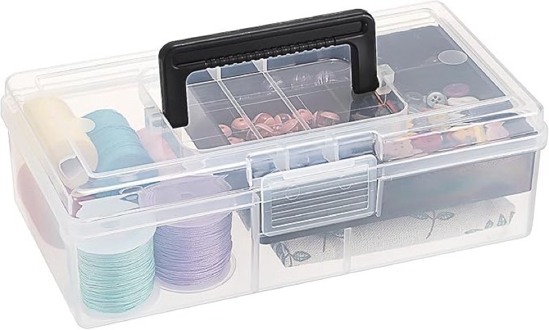 BTSKY Clear Plastic Storage Box with Removable Tray Multipurpose Stationery Storage Box with Handle Handy Sewing Box Art Craft Supply Organizer Home Utility Box (Light Black)